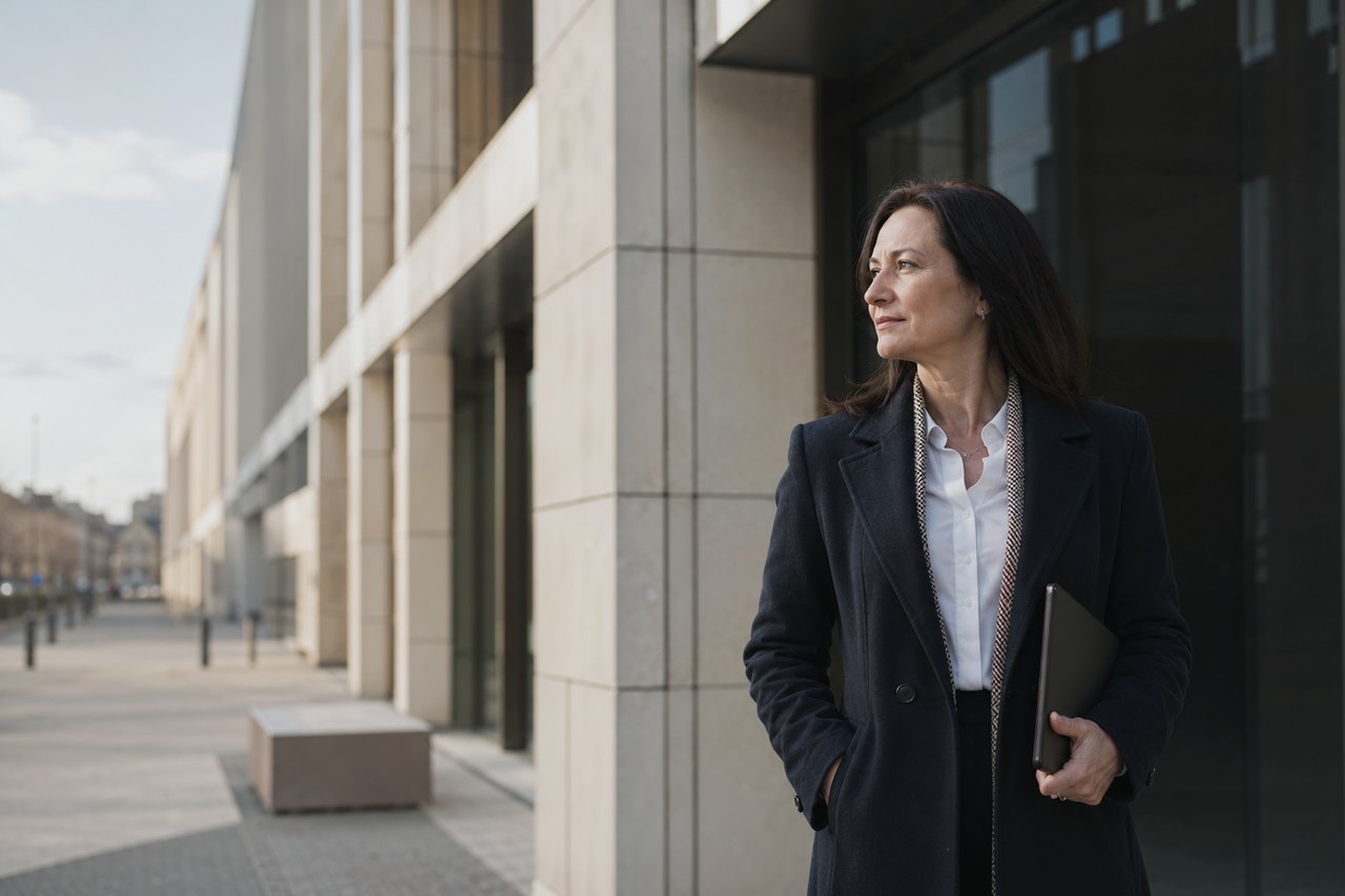 A businesswoman in a dark coat stands in front of a modern office building in the city centre, holding a closed laptop in one hand and looking into the distance.