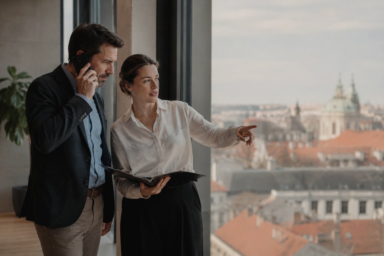A businessman in a dark blazer talks on the phone by a glass office window, while a colleague in a white shirt holds an open folder and points at the panorama of Prague rooftops