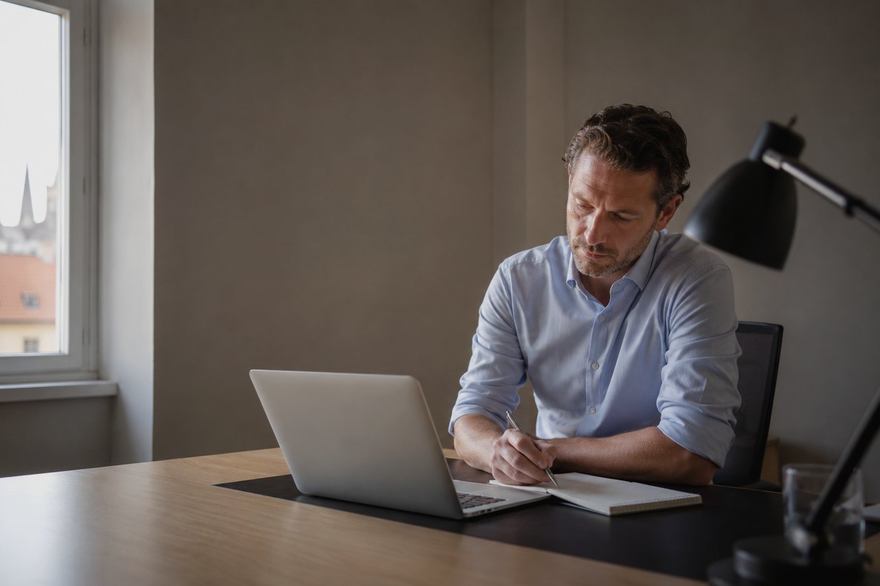 A businessman in a light blue shirt sits at a wooden desk, writing notes in a notebook beside an open laptop, with a window on the left overlooking Prague's rooftops and a church spire