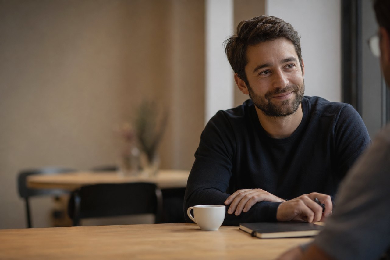 A businessman in a dark navy sweater sits at a wooden table with a cup of coffee and a closed notebook, talking to another person in a warmly lit Prague office.