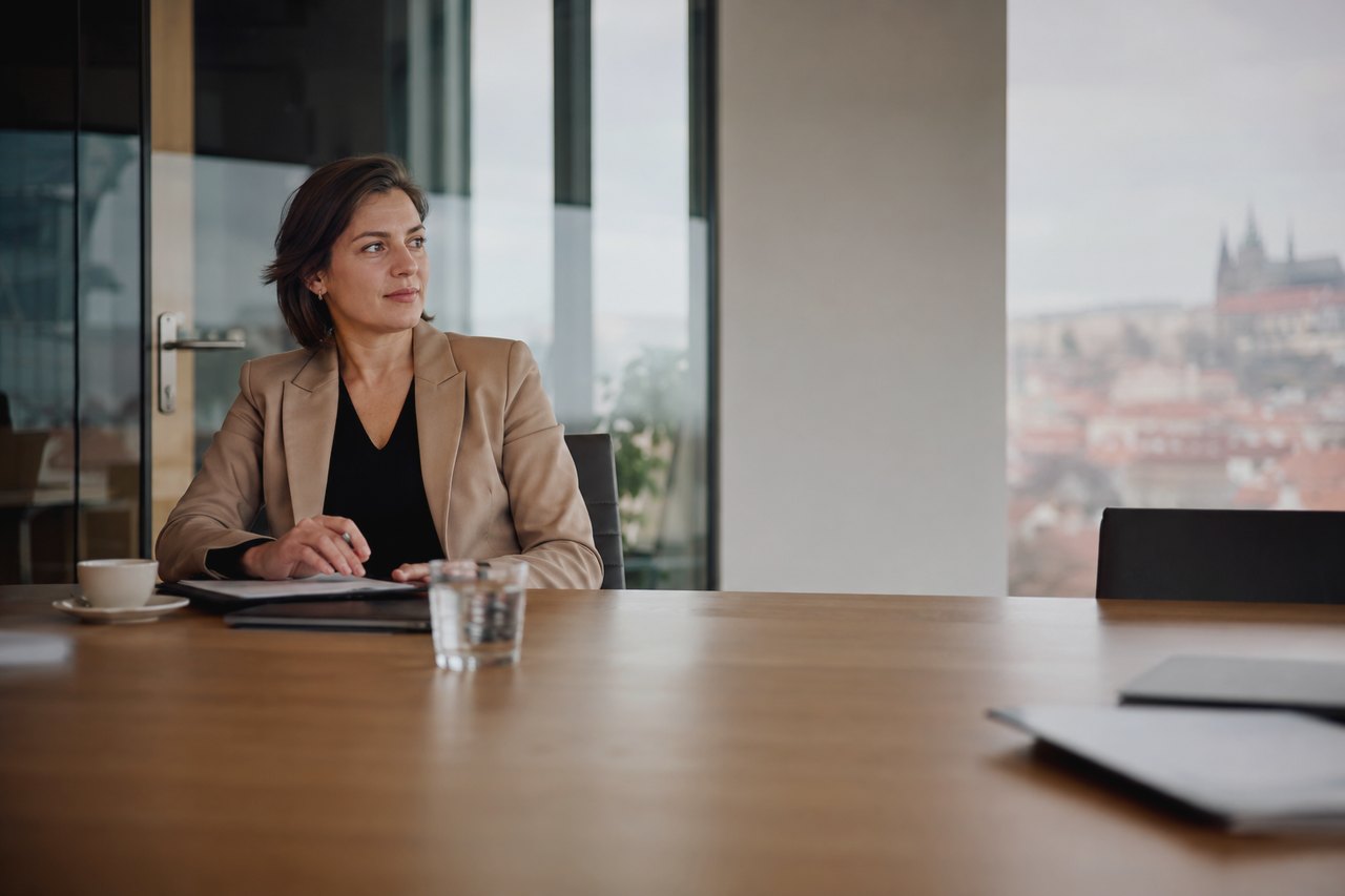 A woman with shoulder-length dark hair in a beige blazer over a black top sits at a large wooden meeting table in a bright Prague office; in front of her a coffee cup on a saucer, a glass of water, a leather notebook and a laptop, with a view of Prague's rooftops and Prague Castle with St. Vitus Cathedral through the large windows.