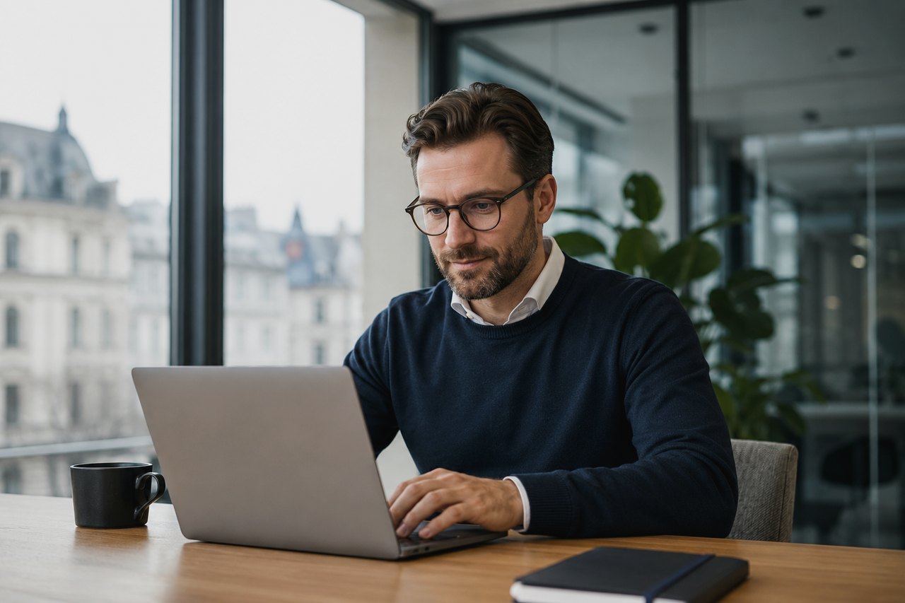 Entrepreneur working on a laptop in a modern office by the window