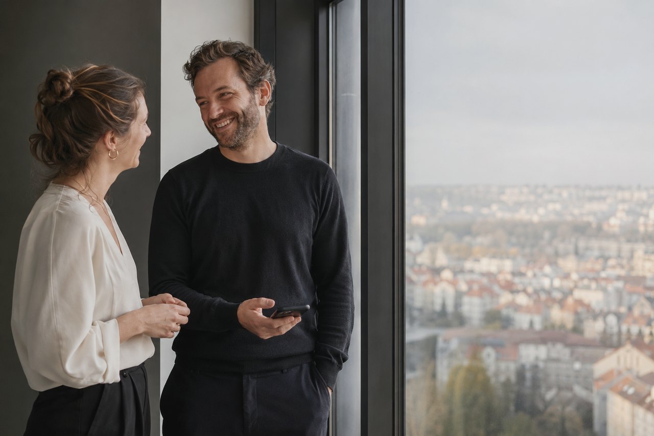 A smiling man in a dark jumper holding a phone and a woman in a light blouse chatting by the glass wall of a modern office; the Prague skyline with city buildings in the background