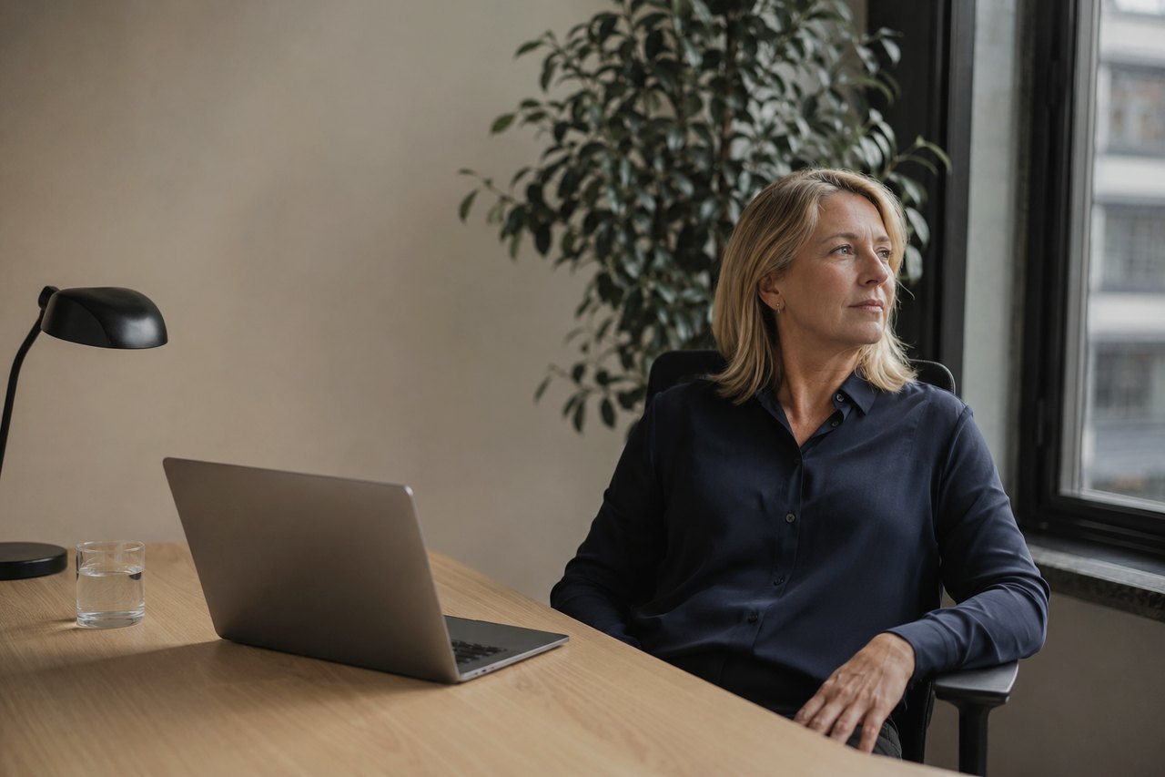 A businesswoman in a dark navy blouse sits at a wooden desk with a laptop, looking out of the window; a desk lamp and a glass of water beside her and a green plant in the background.
