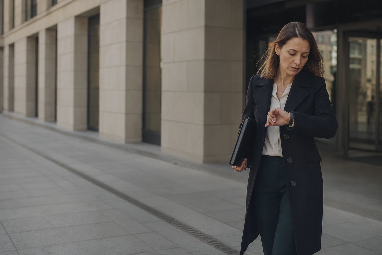A businesswoman in a dark coat and white blouse walks in front of a modern office building, glancing at her wristwatch, a leather folder tucked under her arm.