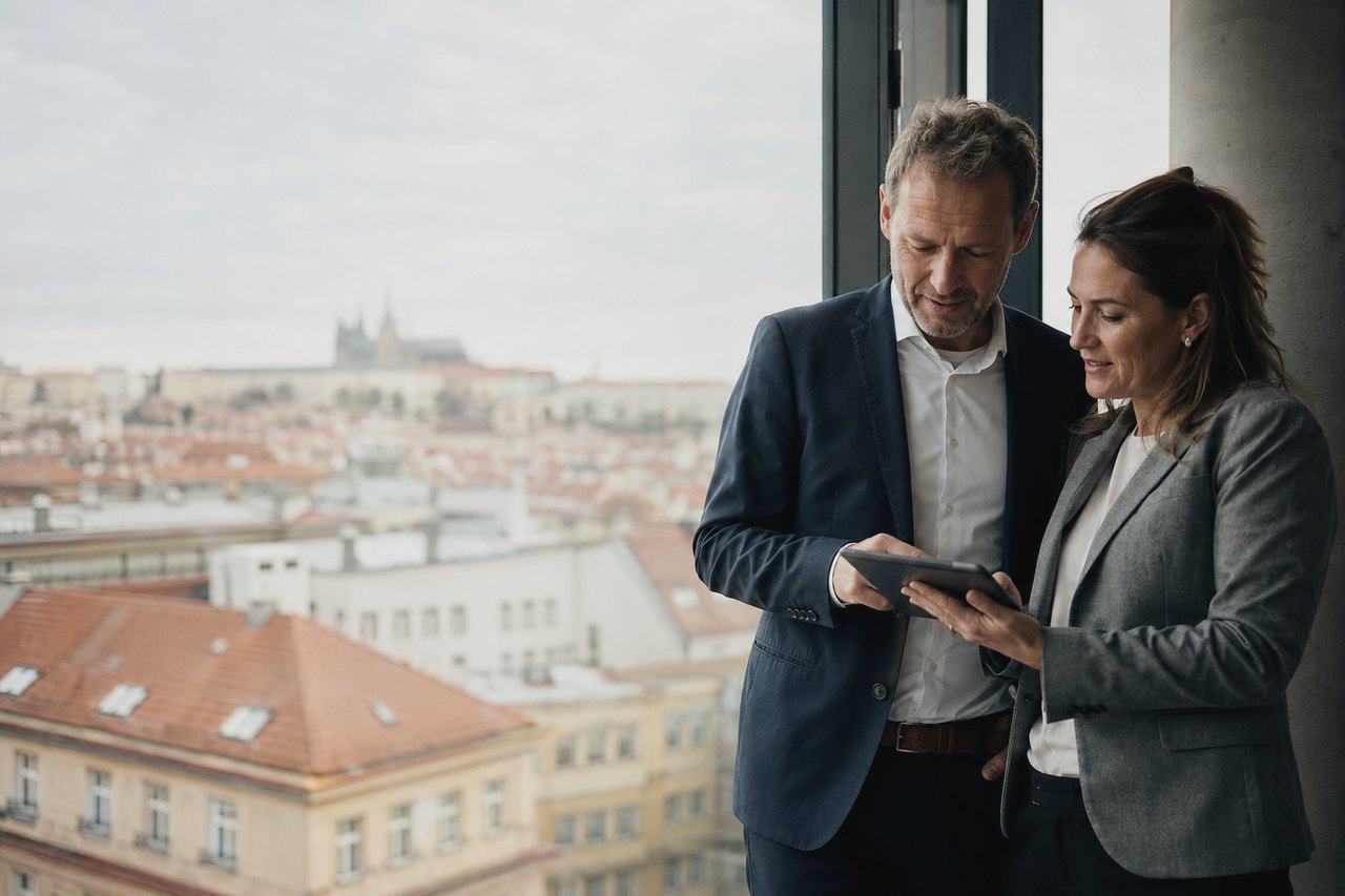 A man in a dark suit and a woman in a grey blazer standing by a large office window looking together at a tablet; the Prague skyline with Prague Castle and red rooftops in the background