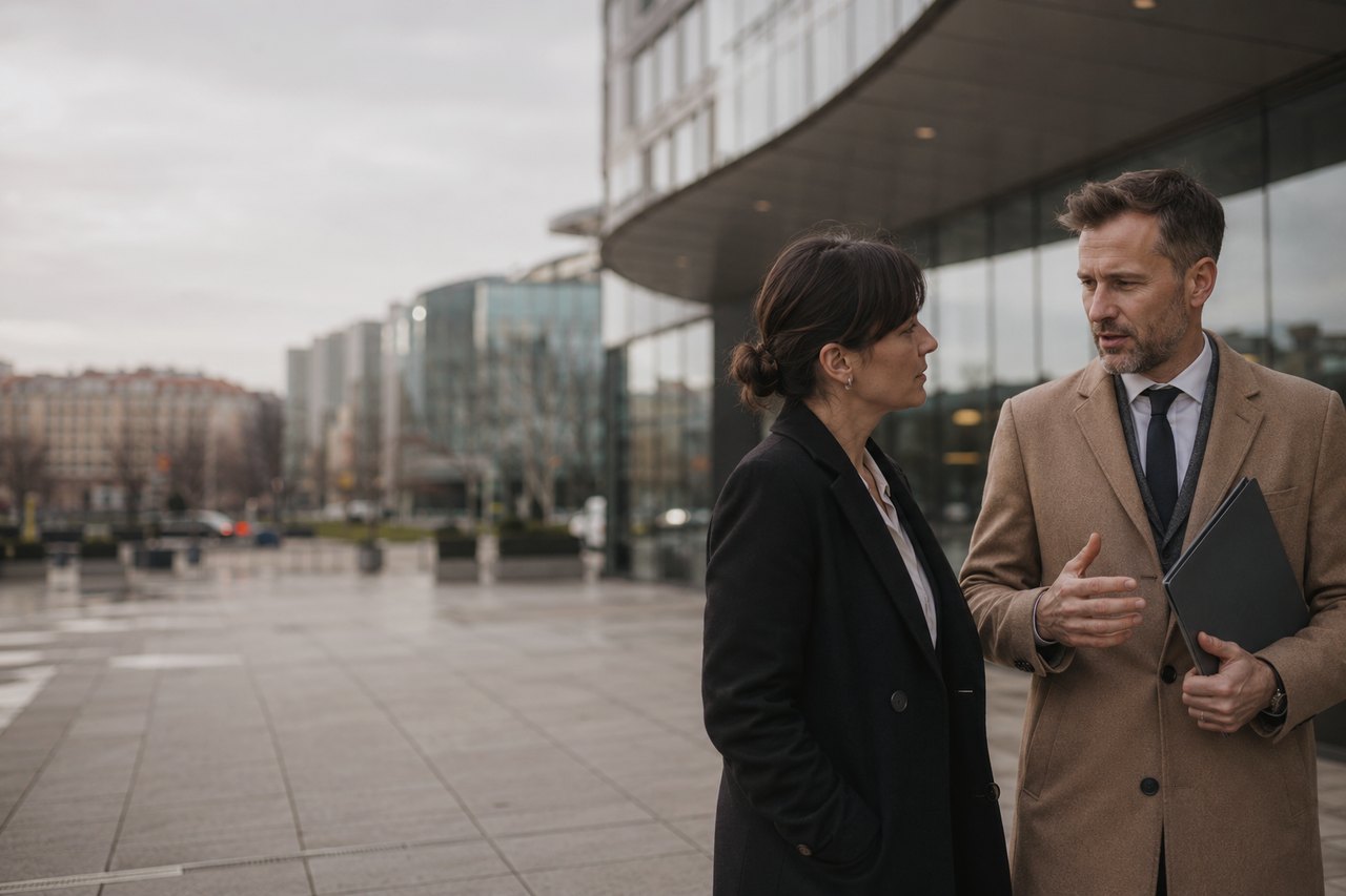 A businesswoman in a dark coat and a businessman in a beige coat holding a folder talking in front of a modern glass office building in Prague