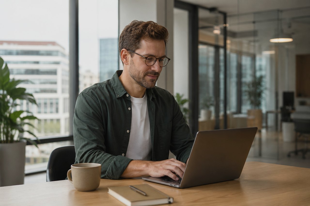 Entrepreneur working with a laptop and documents in a modern office in central Prague