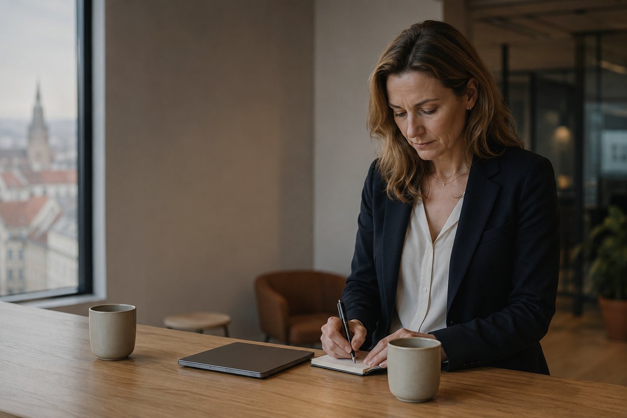 A businesswoman in a dark blazer taking notes in a notebook at a wooden counter, two coffee mugs and a laptop beside her, Prague rooftops and spires through the window