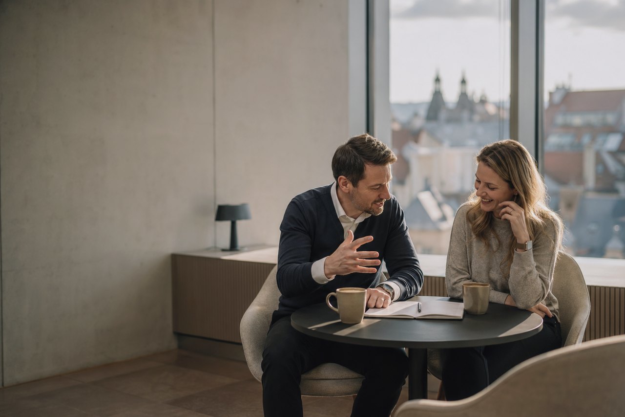 A businessman and a businesswoman sitting at a round table by a large window with a view of Prague rooftops and spires, two coffee mugs and an open notebook on the table