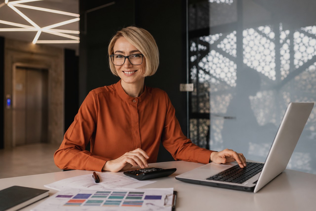 Businesswoman working with a laptop and calculator in a modern office in central Prague