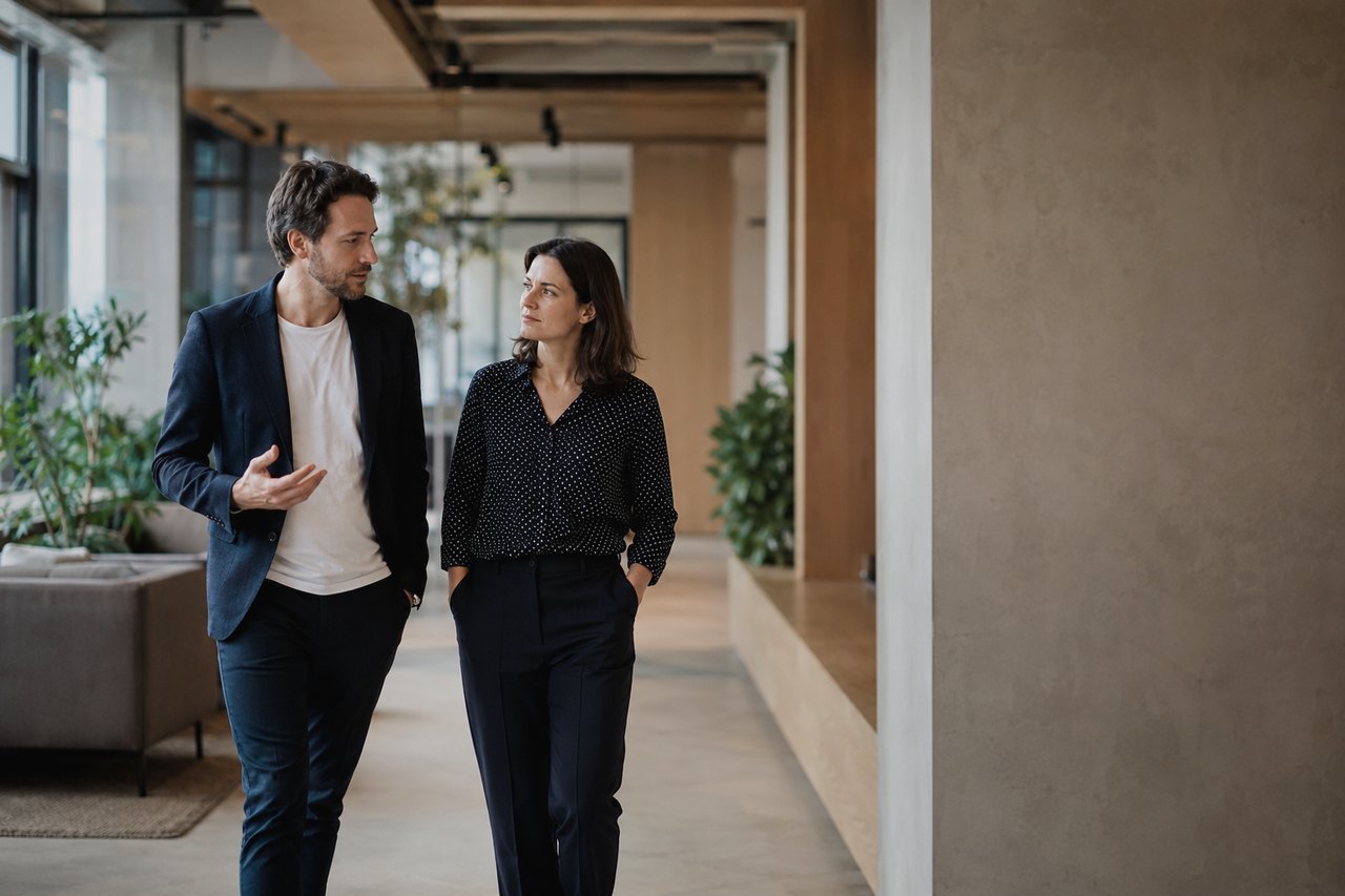 A businessman in a dark blazer and white t-shirt walks and talks with a woman in a dark polka-dot blouse and navy trousers down a light-filled corridor of a modern Prague office, with a lounge sofa and green plants on the left and a warm plaster wall on the right