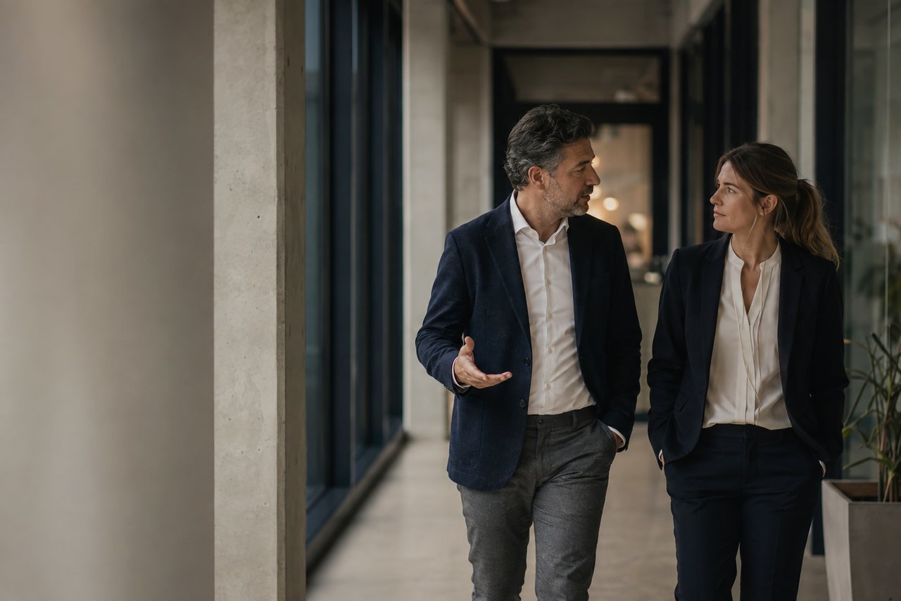 A businessman in a dark navy blazer and a businesswoman in a dark suit walking and talking animatedly in a bright concrete corridor of a modern office building