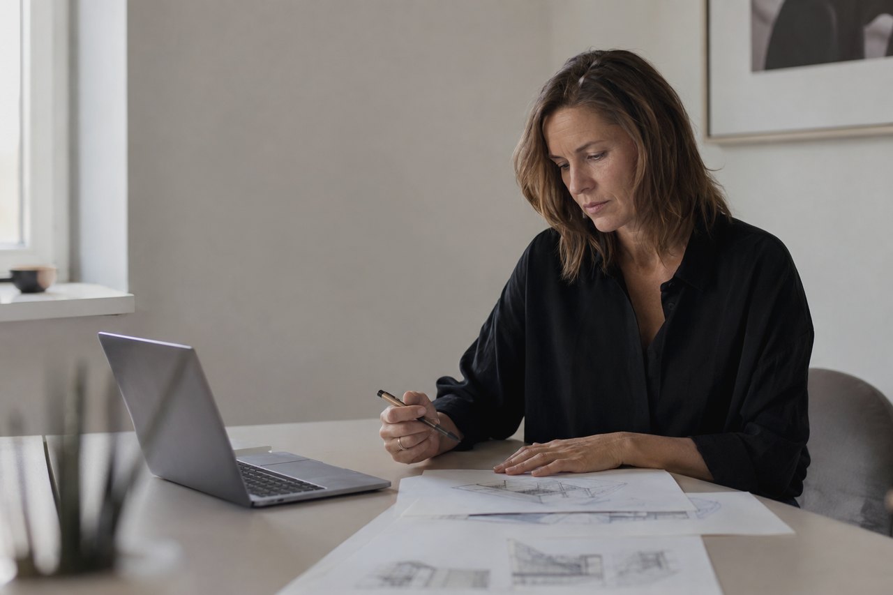 A woman in a black shirt sits at a light-coloured table holding a pen, an open laptop and printed documents with drawings spread out in front of her; a bright room with a window and a framed picture on the wall.