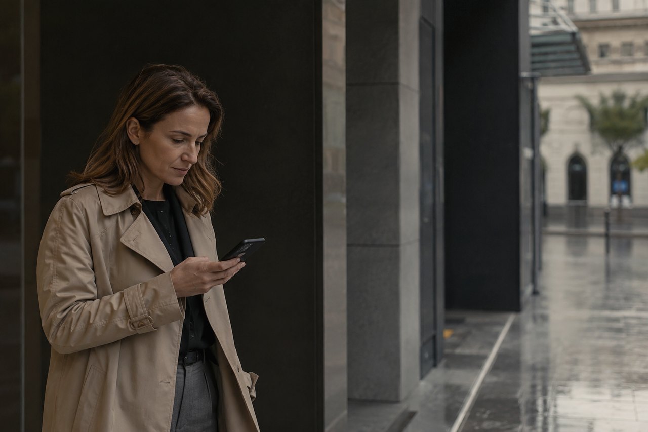 A businesswoman in a beige coat stands in front of a modern city building looking at her phone; the pavement is wet after rain and the historic facade of a Prague street shows in the background.