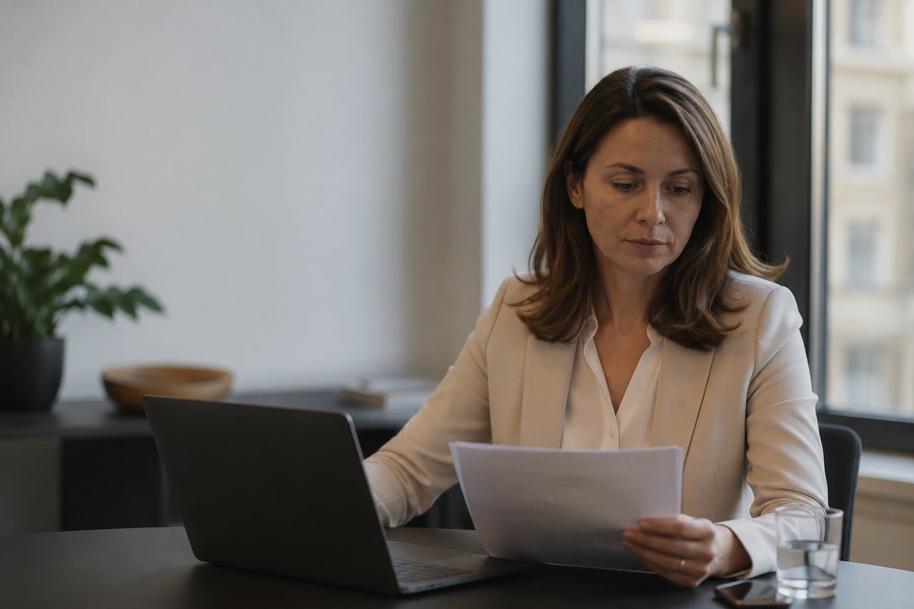 Businesswoman in a light blazer working on a laptop and reading a document by the window of a modern office