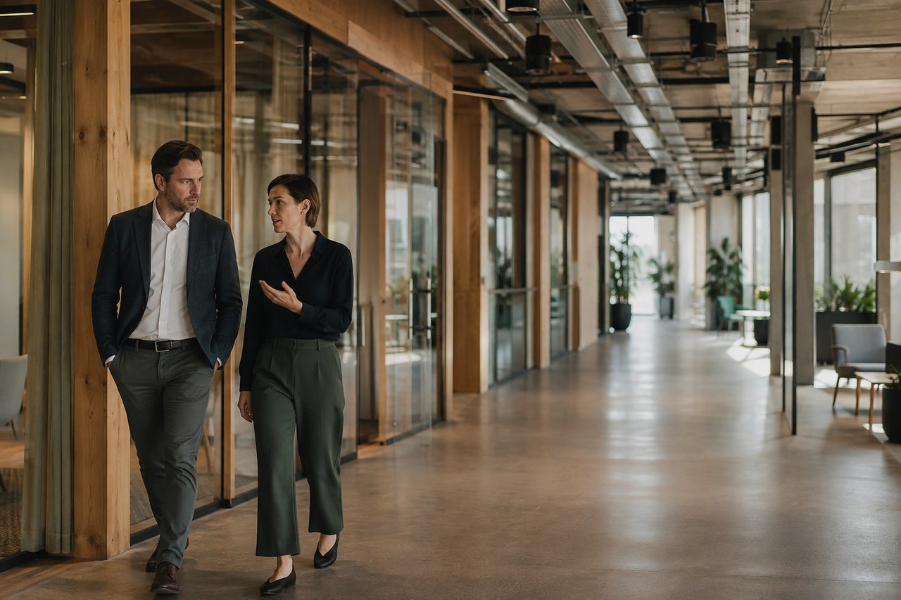 A businessman in a dark navy blazer and white shirt walks and talks with a businesswoman in a dark blouse and olive trousers down a bright modern office corridor with wooden columns and glass-walled offices