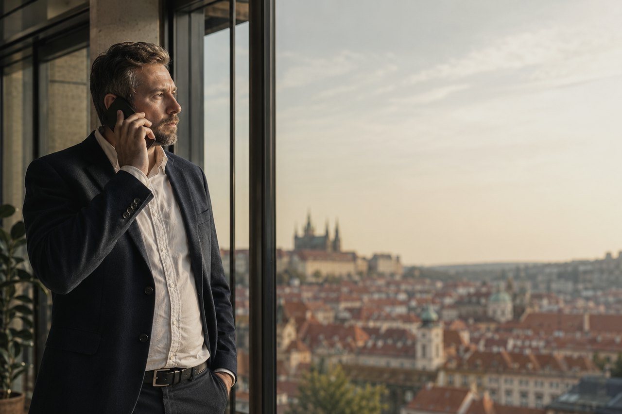 A man in a dark blazer and white shirt stands by the large glass windows of a Prague office, speaking on a mobile phone and gazing thoughtfully outside; beyond the glass, in the late-afternoon light, stretch the rooftops of Prague with Prague Castle and St. Vitus Cathedral in the distance.