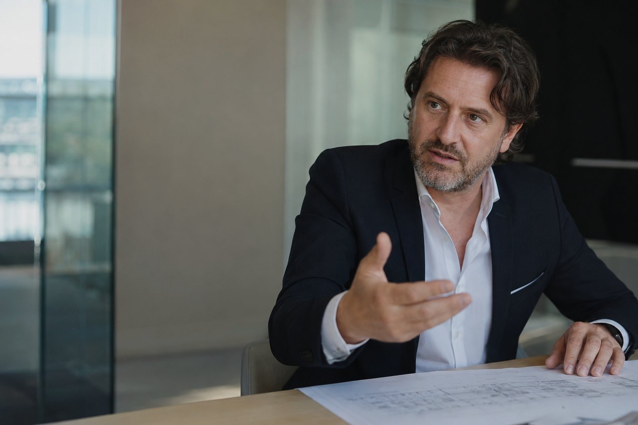 A businessman in a dark navy blazer sitting at a light table in a bright modern glass-walled office, gesturing with his hand during a conversation, with documents spread out in front of him
