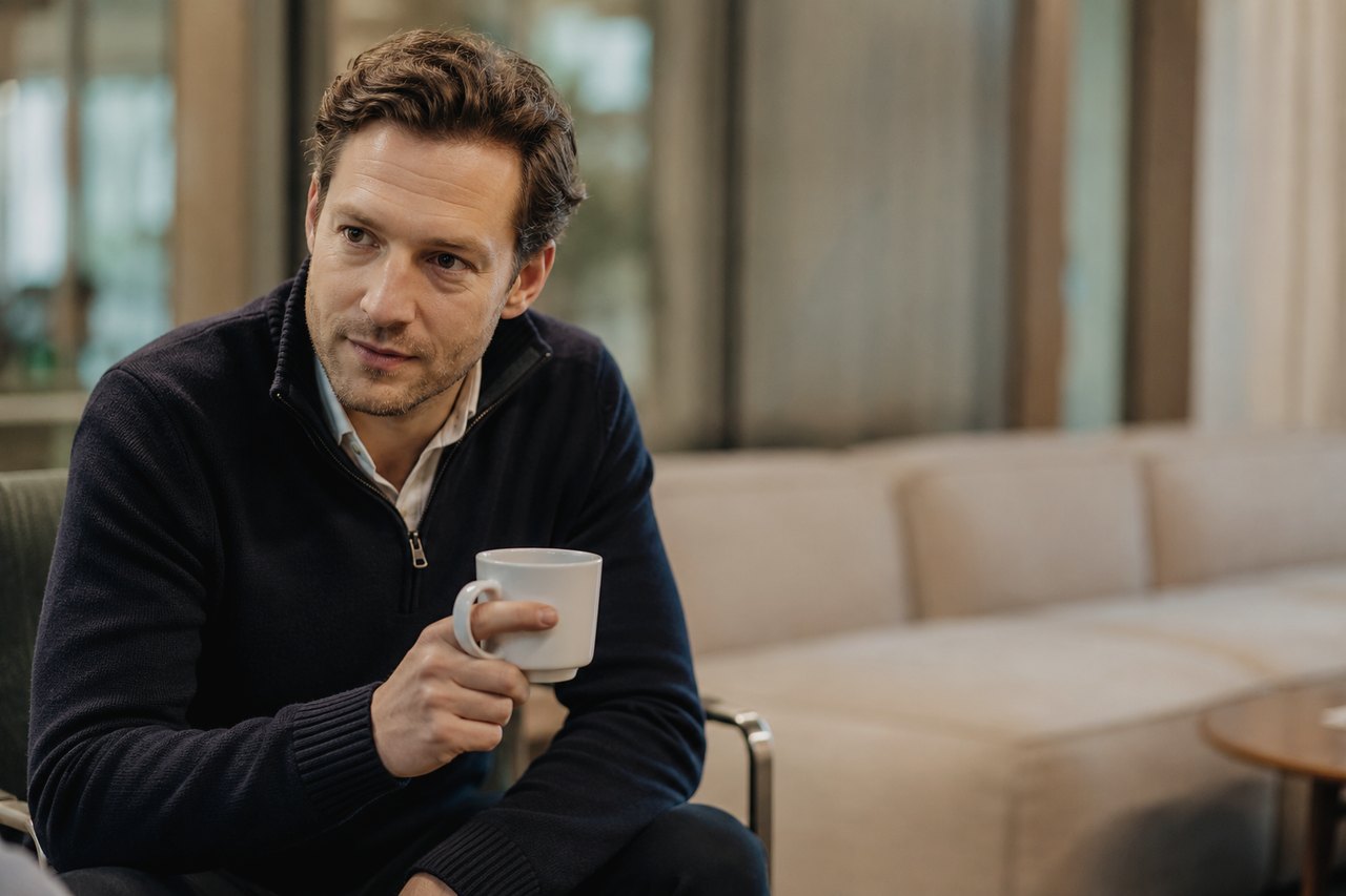 Entrepreneur with a cup of coffee reflecting in the calm lobby of a modern building