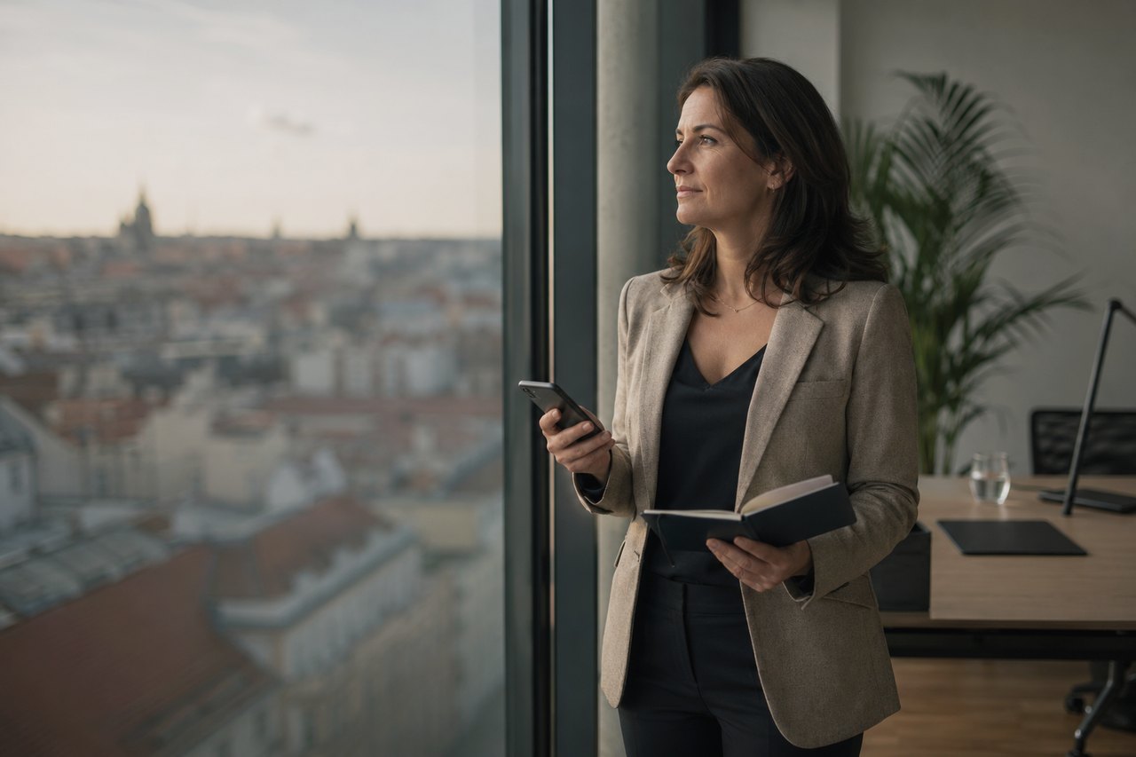 A businesswoman in a beige blazer stands by a large glass window of a Prague office, holding a phone in one hand and an open notebook in the other; beyond the window, the panorama of Prague's rooftops stretches out in the evening light.
